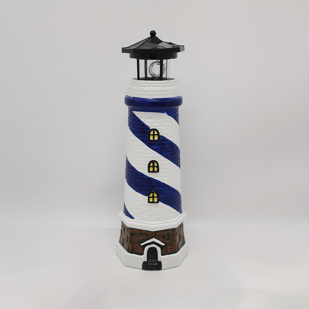 Solar Lighthouse Garden Decor with 360-Degree Rotating LED Light, Blue or Red Outdoor Statue Lantern for Patio, Courtyard and Nautical Landscape Displays