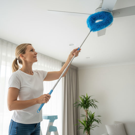 Telescoping Microfiber Duster with Stainless Handle and Flexible Reach for Ceiling Fans, High Furniture and Cobweb Dusting in Blue, Green, Orange or Red