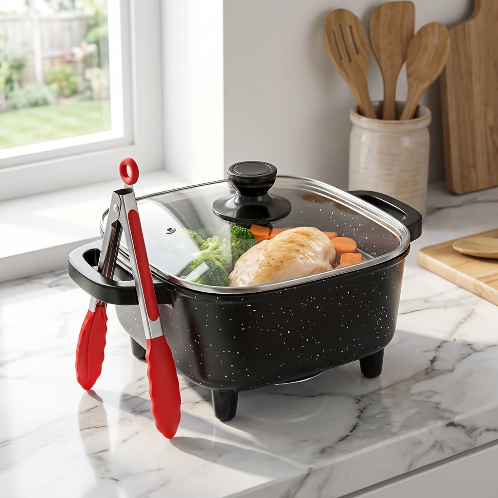 Square Mini Electric Cooking Pot with Listed 8-Inch Size, Nonstick Speckled Coating and Glass Lid, Regular, Upgraded Utensil Bundle and Red Enamel Model Labels