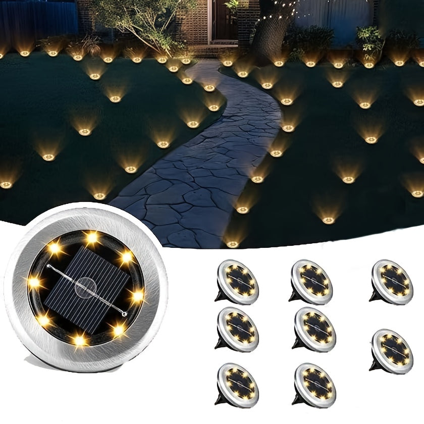 Solar In-Ground Lights in White or Warm Light, 8 or 16-Piece Garden Accent Packs with Listed Eight-LED Design and IP44 Rating for Lawn and Pathway Borders