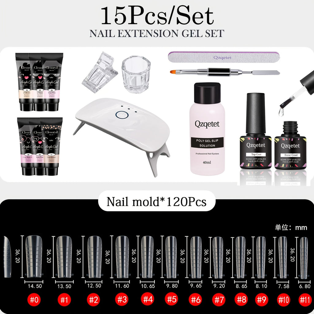 Polymer Gel Nail Extension Kit with 6 Colors, USB-Powered Mini Light and Slip Solution, Q-Extension Glue Set for At-Home Manicure Art Projects