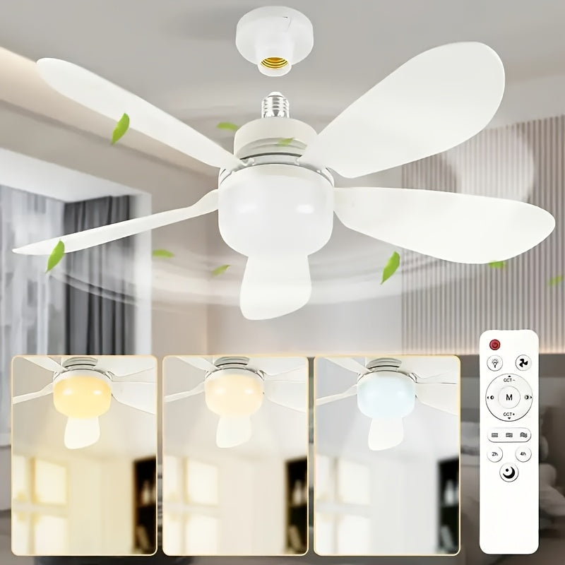 E26 Screw-In Fan Light with Remote, 20.5-Inch Dimmable LED Ceiling Fan in White, Black or Wood Grain for Compatible Bedroom, Kitchen and Garage Fixtures