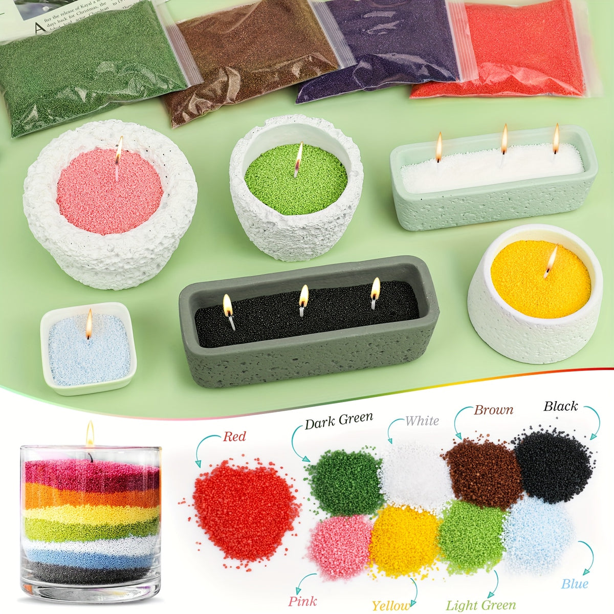 Sand Wax Candle Making Kit by BlingFun with Five Colors, 500g Total Granulated Wax and 20 Wicks for Adult Decorative Candle Crafts, Bright Color or Dark Options