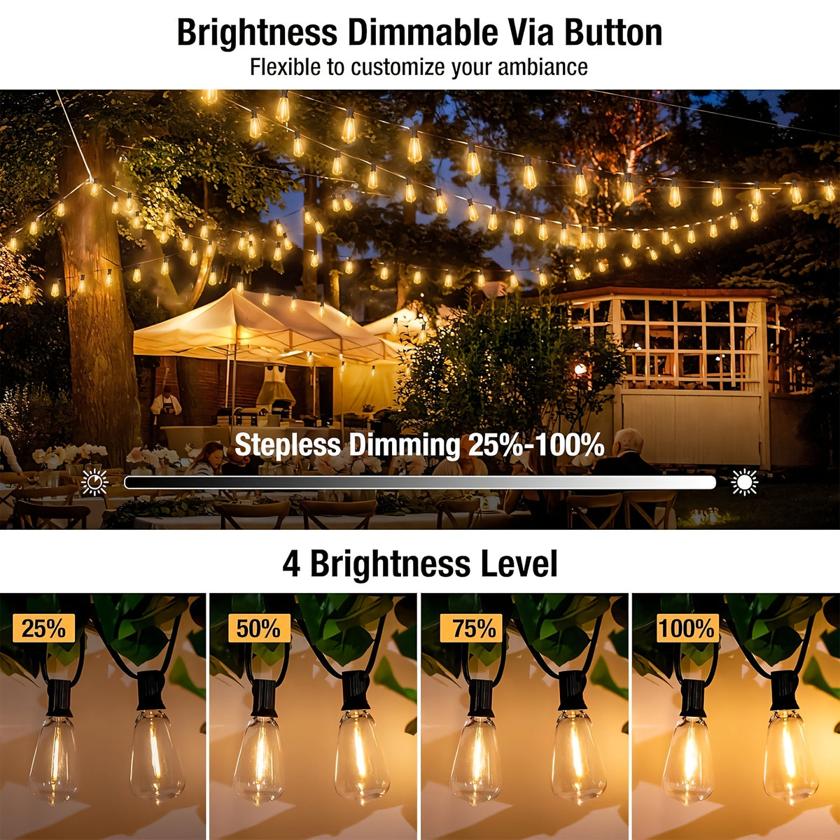 ST38 Solar Patio String Lights with Listed 2700K Warm Light and E12 Base, 100 to 200ft Length Options for Garden, Courtyard and Party Backdrop Decoration