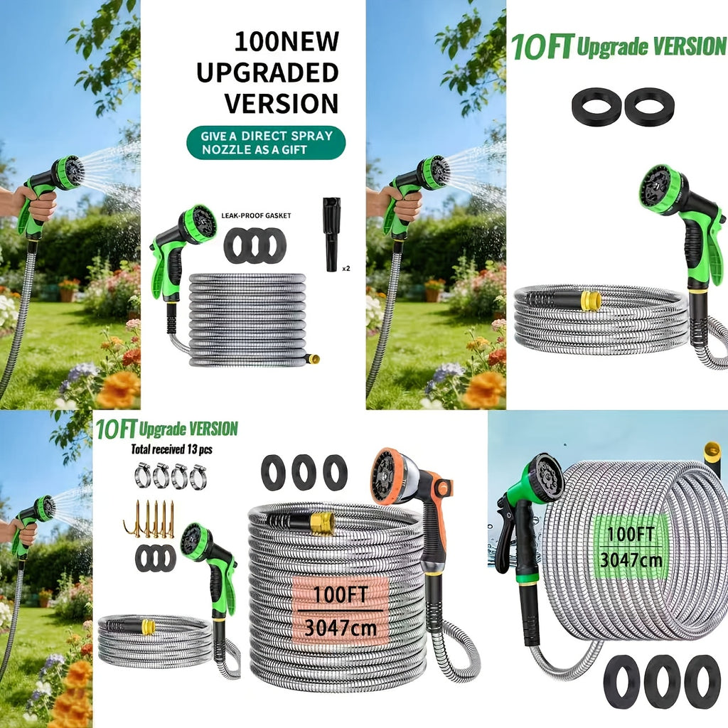 Stainless Steel Garden Hose with 10-Function Nozzle and Brass Joint, Metal Watering Hose in Multiple Length and Upgrade Kit Options for Yard and Car Care