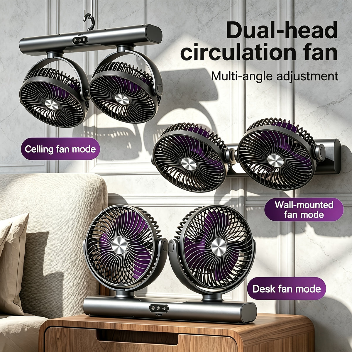 Grey Dual-Head Desktop Fan with Listed USB Charging, Three-Speed Adjustment, Multi-Angle Airflow and Ambient Night Light for Home, Office and Camping Use