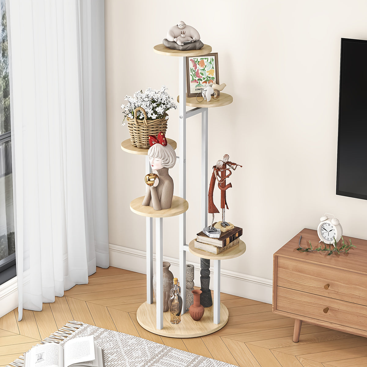 Six-Tier Metal Plant Stand by SUOERNUO with Listed Nine-Pot Display Layout, EVA Base Pads and Black or White Options for Indoor Corner Decor