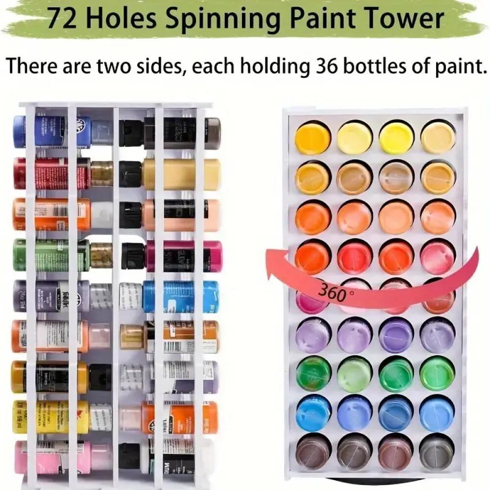 Rotating Paint Rack, 72-Slot White PVC Organizer for 2-Ounce Paint Bottles with 360-Degree Spin and Wall-Mountable Design for Artists and Craft Rooms