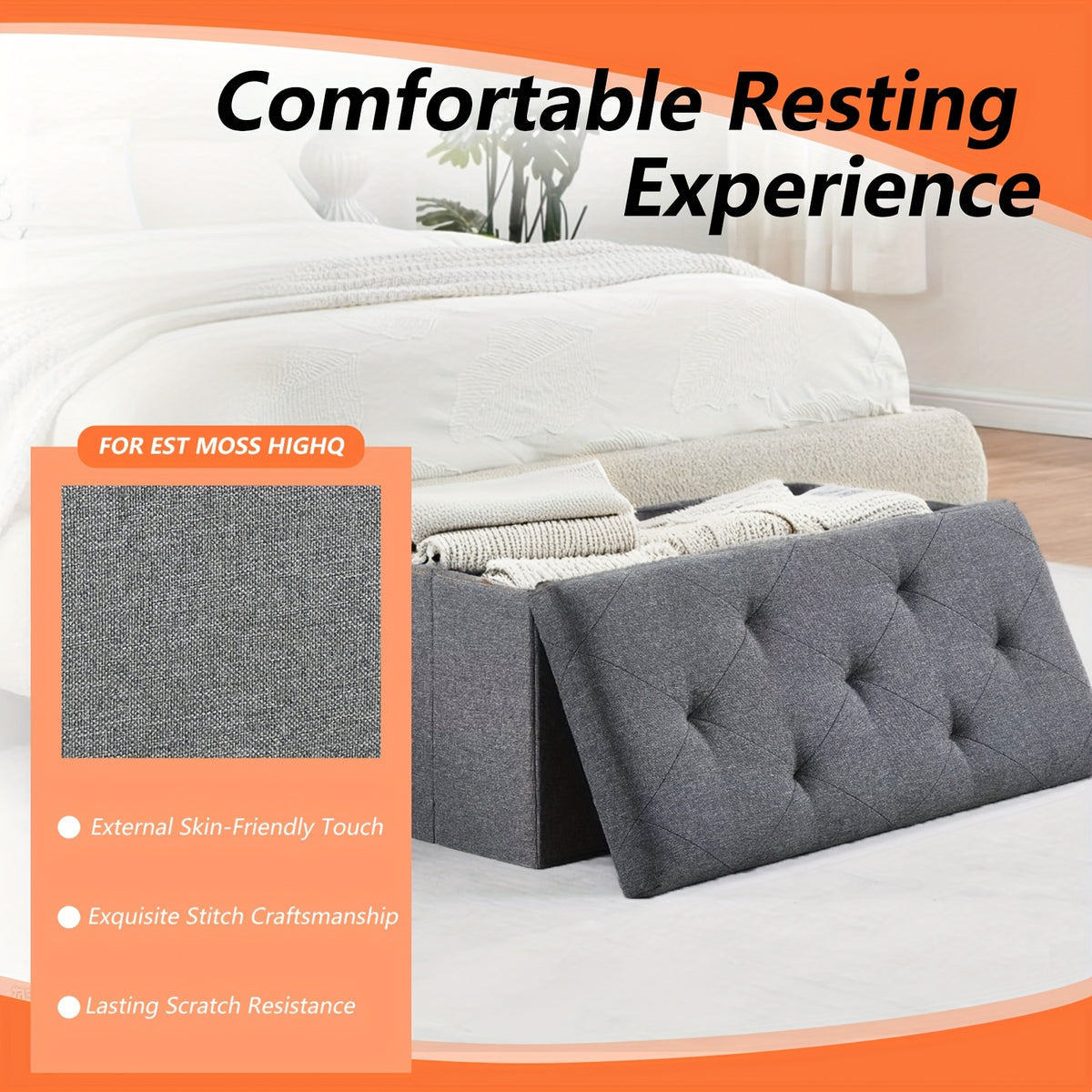 Folding Storage Ottoman Bench in Grey, Padded Seat and Storage Chest with 43-Inch Model Label for Bedroom, Living Room and End-of-Bed Organization