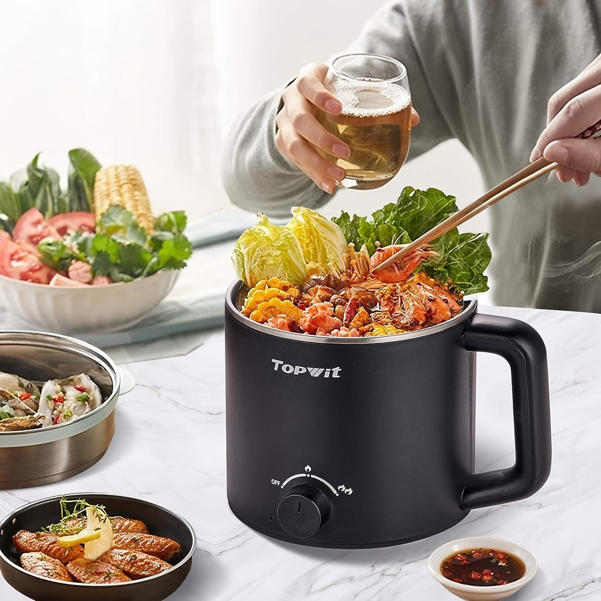 Dual-Power Electric Hot Pot with Listed 50.72oz Capacity and Portable Nonstick Design, Black or Blue Noodle Cooker for Pasta, Soup, Eggs and Oatmeal Preparation