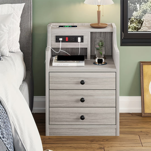 Three-Drawer Nightstand with Storage Hutch and Charging Station, Two USB Ports and Two Outlets, Gray or White Bedside End Table for Bedroom or Living Room