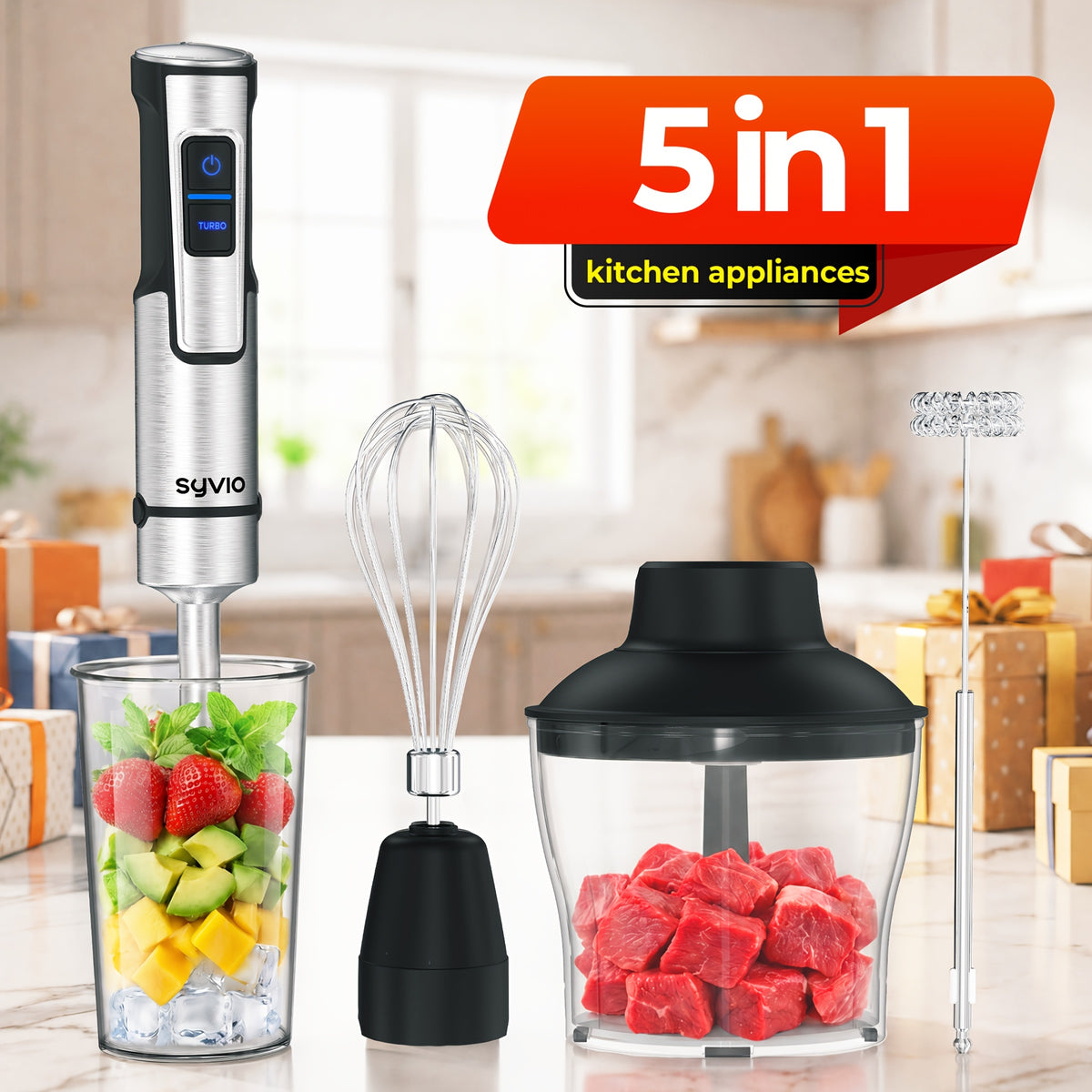 5-in-1 Immersion Blender 1110W, Heavy Duty Hand Blender with 15 Speed Modes and Stainless Steel Blade, Plus 27oz Mixing Beaker, 20oz Chopper, Whisk and Milk Frother, All-in-One Kitchen Essential for Every Home