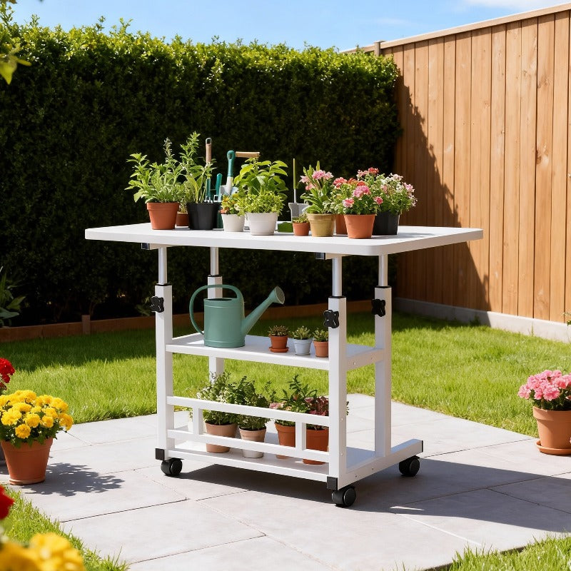 Adjustable Height Garden Workbench with Listed Metal Structure and Lockable Wheels, Plant Work Table in Wood Grain Black or Pearl White with Storage Options