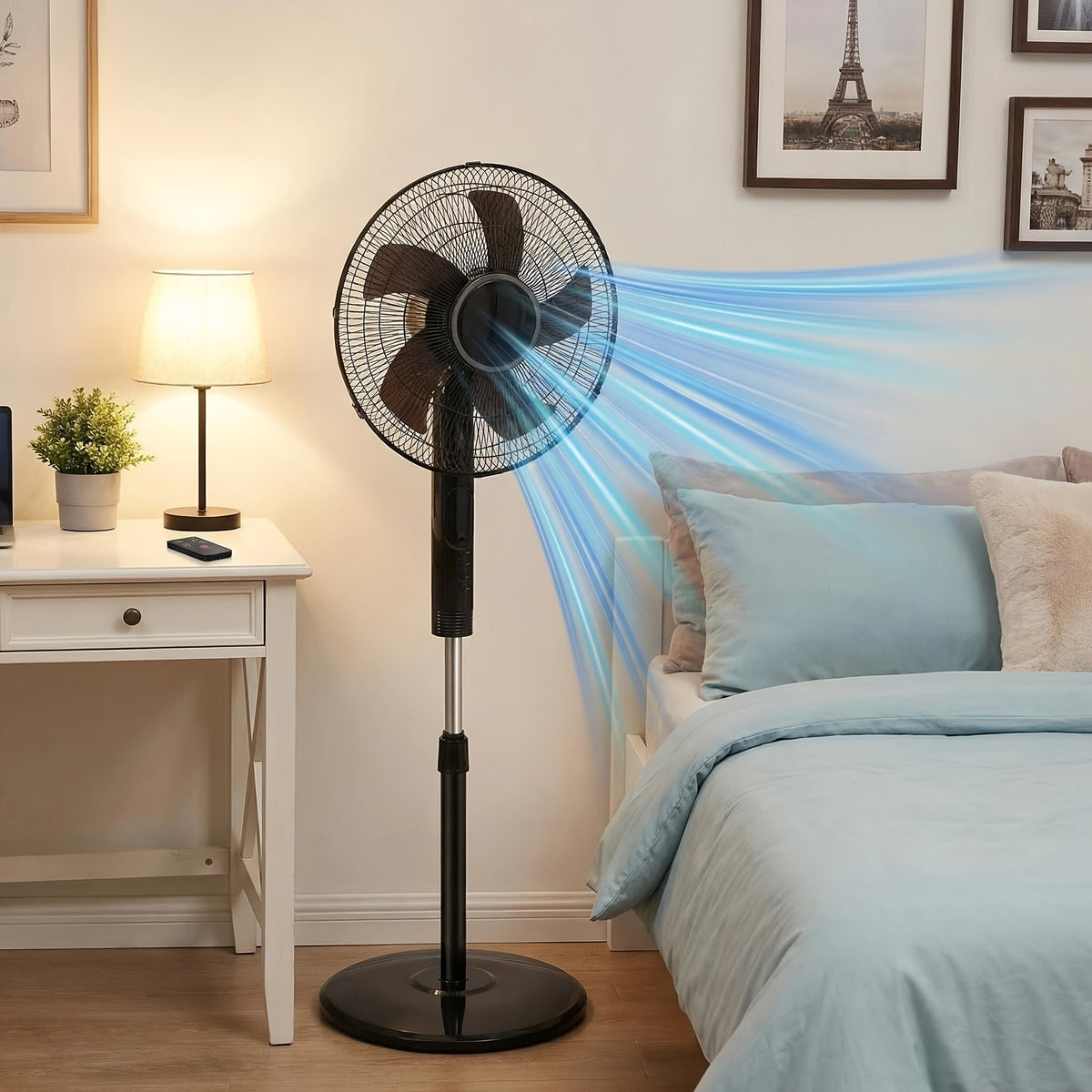 Adjustable Height Pedestal Fan in Black with Remote Control, 45–53 Inch Standing Design, 80° Oscillation, Three Speeds, Three Modes and 12-Hour Timer