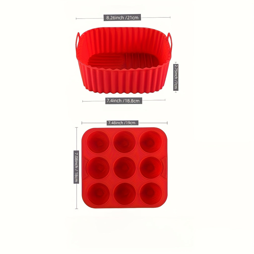 Silicone Air Fryer Baking Tray Set of Two with Listed Nonstick Liner and Muffin Mold Wording, Reusable Kitchen Accessories in Five Colors for Compatible Appliances