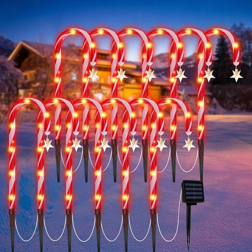 Solar Candy Cane Pathway Lights, 12-Piece Set with 48 Total LEDs, Eight Lighting Modes and Ground Stakes for Christmas Lawn, Garden and Front Yard Displays