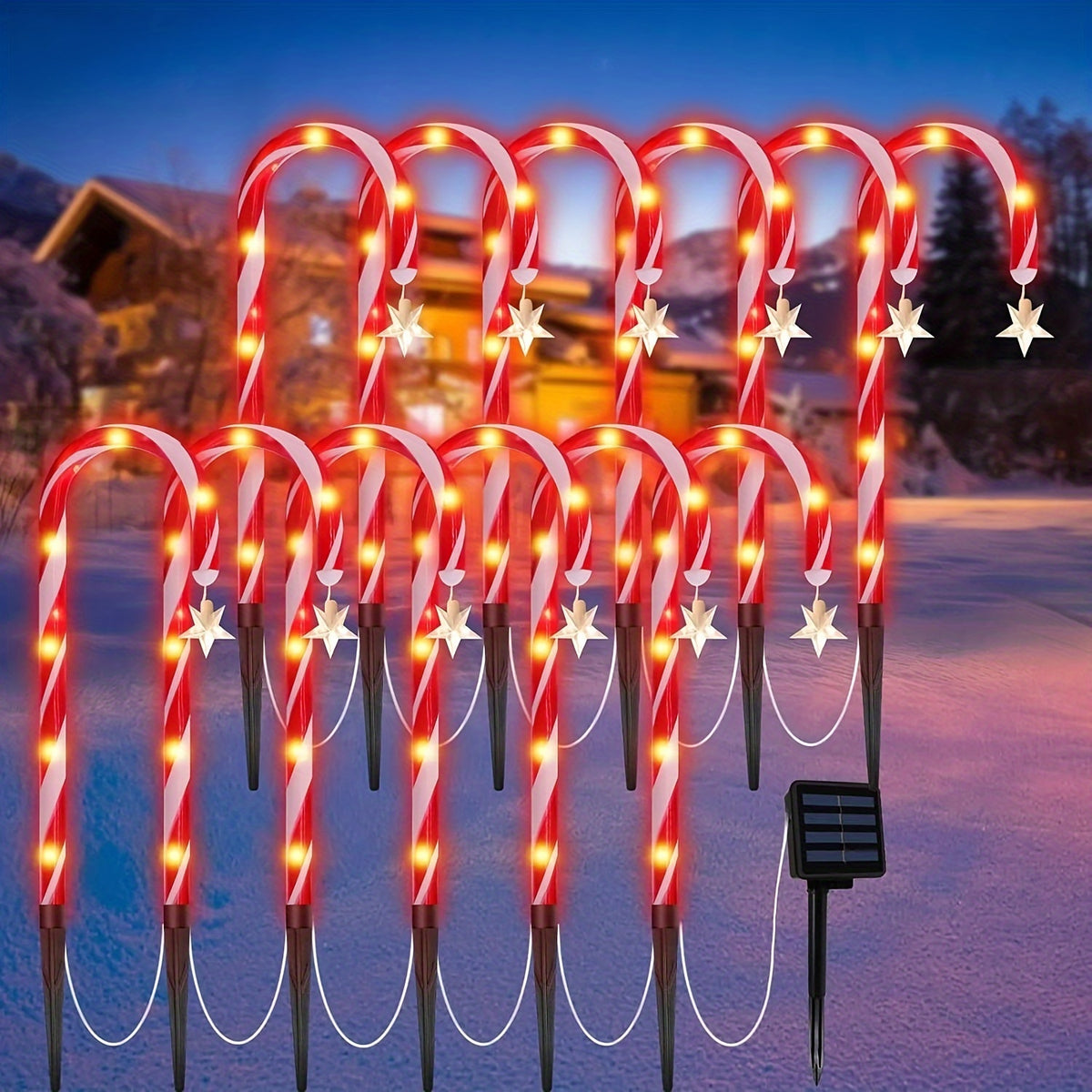 Solar Candy Cane Pathway Lights, 12-Piece Set with 48 Total LEDs, Eight Lighting Modes and Ground Stakes for Christmas Lawn, Garden and Front Yard Displays
