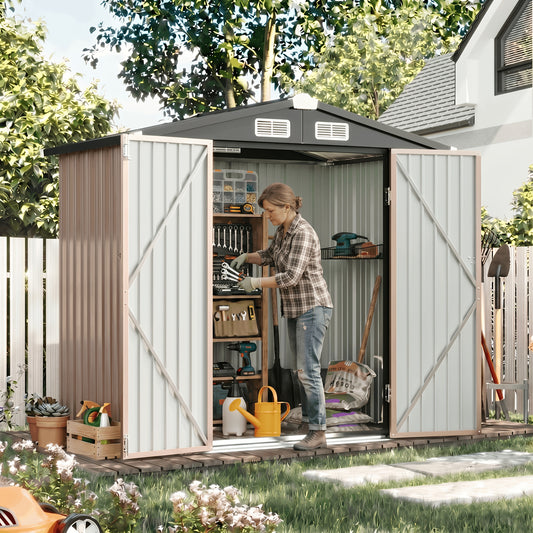 Metal Garden Storage Shed with Five Size Options from Listed 6 x 4 to 12 x 14 Ft, Outdoor Tool Building for Backyard Equipment and Seasonal Supply Organization