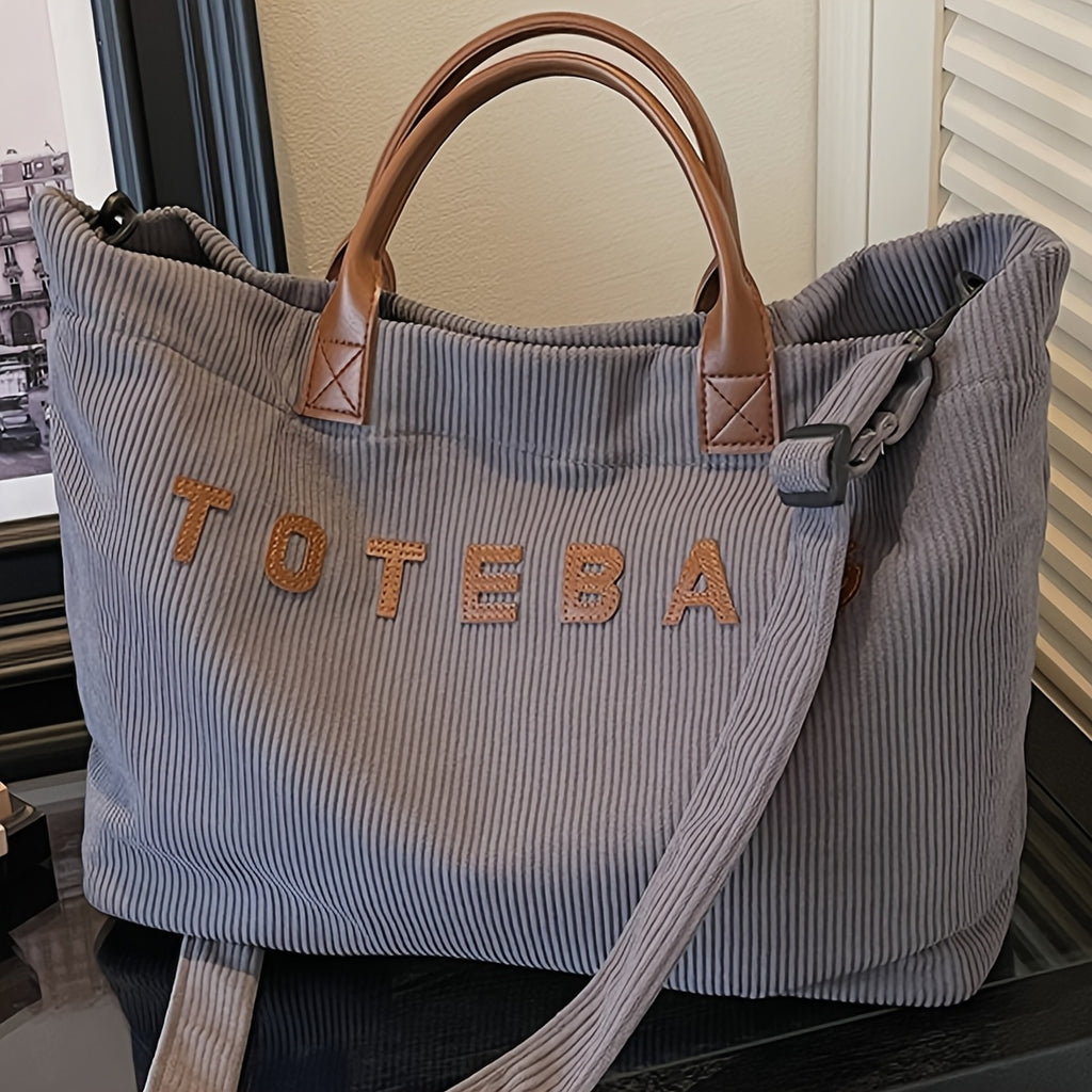 Corduroy Crossbody Tote Bag for Women with Adjustable Strap and Listed Hook-and-Loop Closure, Solid Color Shoulder Handbag for Commuting, Shopping and Casual Travel