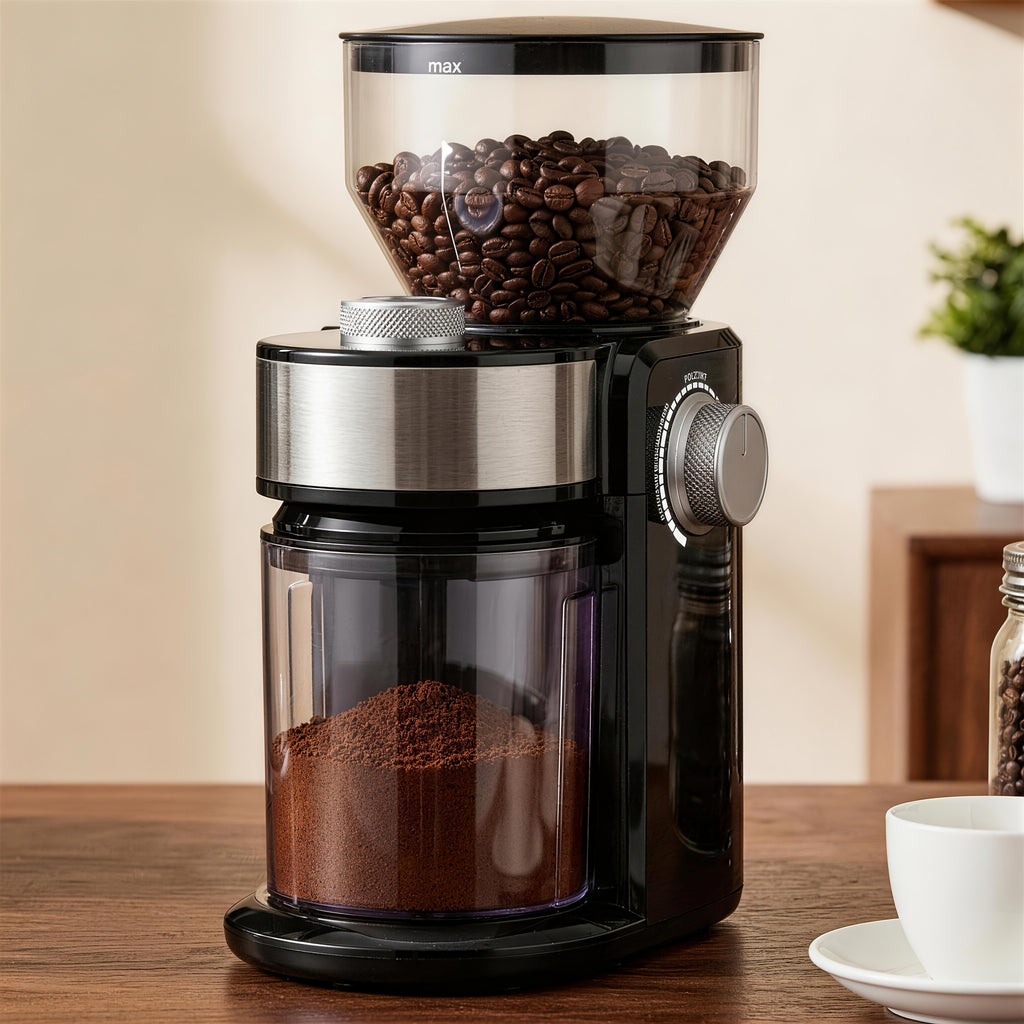 Electric Burr Coffee Grinder with 16 Grind Settings, Adjustable Coffee Bean Grinding for 2–14 Cups in Black or Silvery for Home Brewing Routines