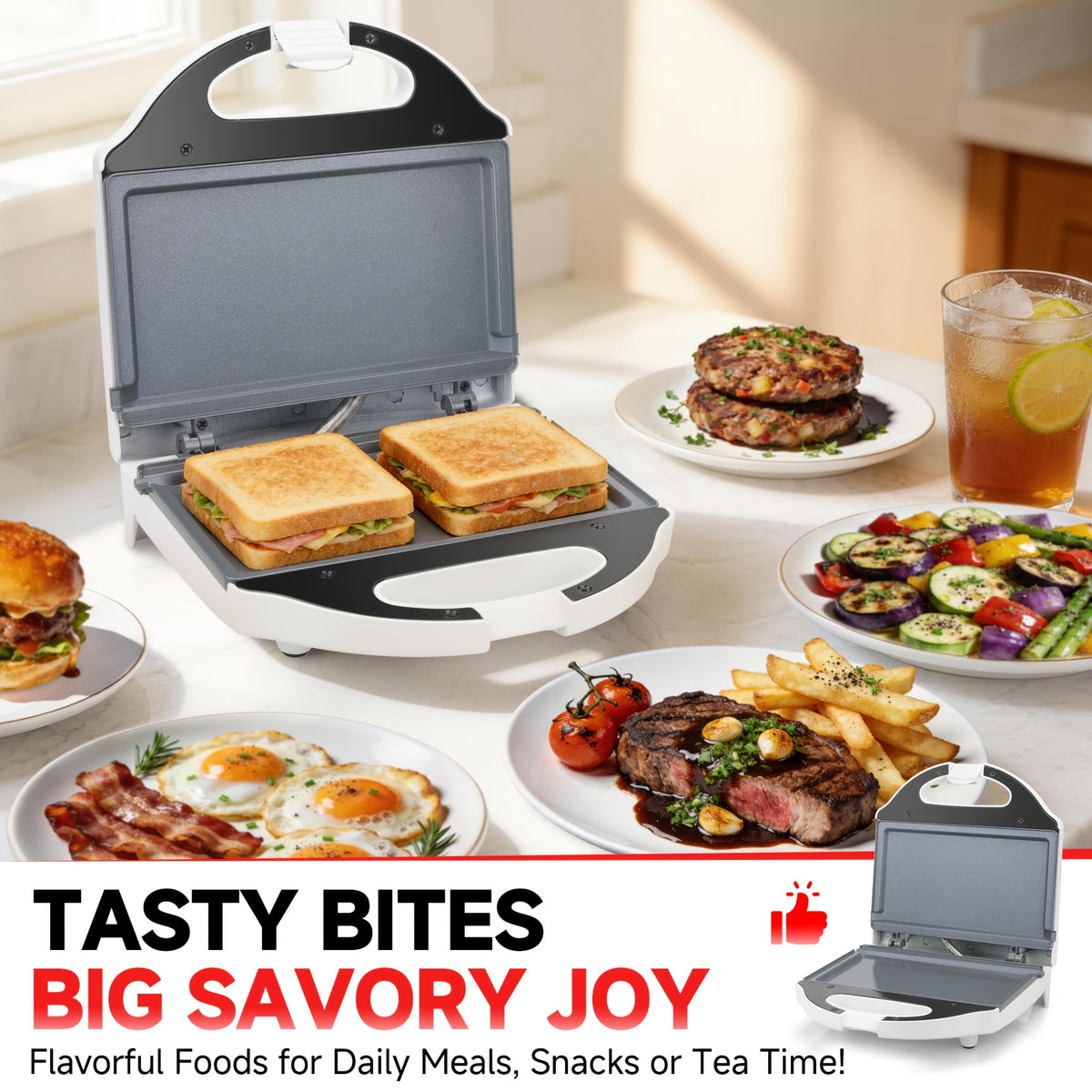 Compact Electric Grill in White with Double-Sided Heating, Listed Ceramic Coating and Heat-Resistant Handle for Sandwiches, Eggs and Home Breakfast Preparation