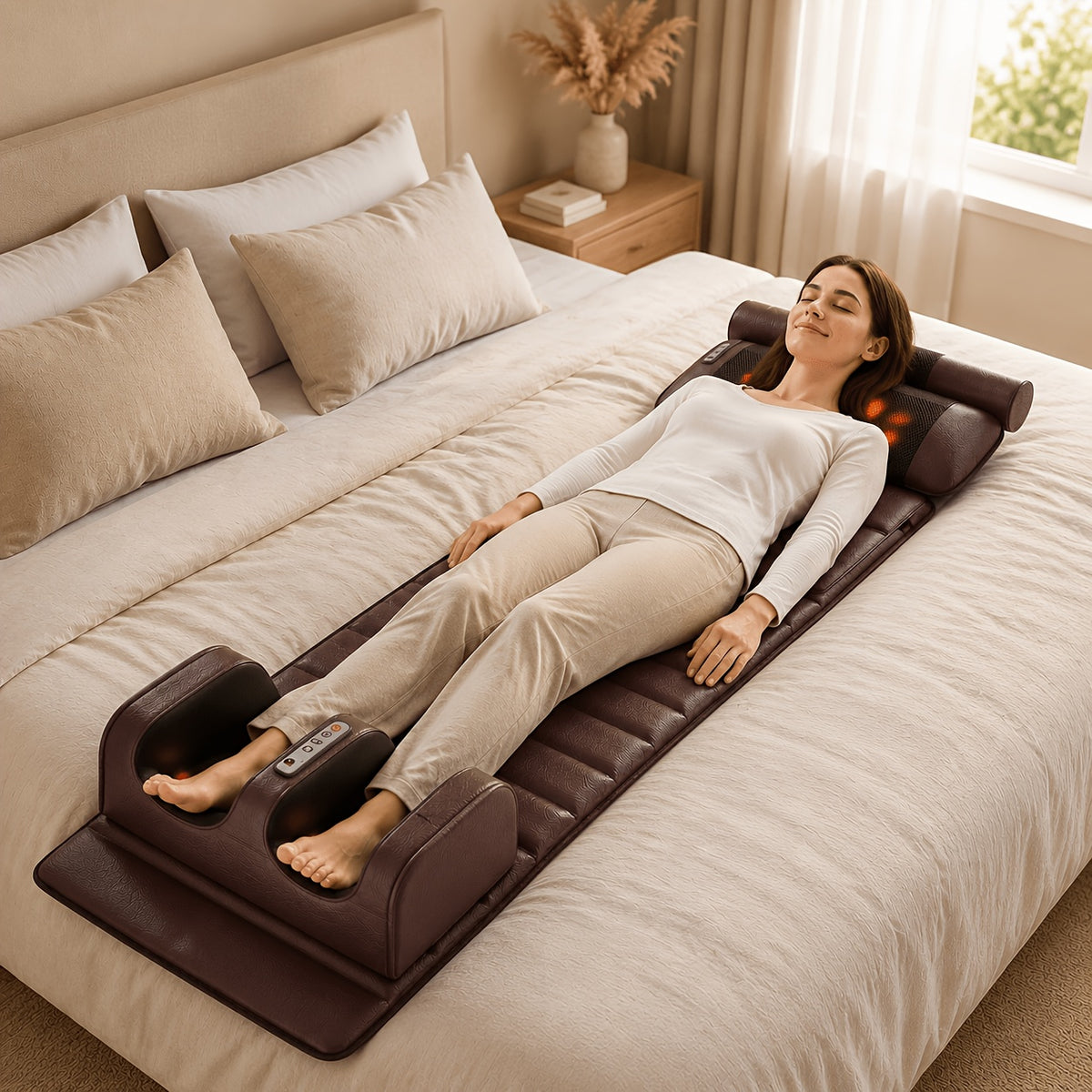 Heated Massage Pad for Home Relaxation, Brown Foldable 5-in-1 Body Massage Mat with Listed Multiple Modes for Neck, Shoulders, Back, Waist and Legs