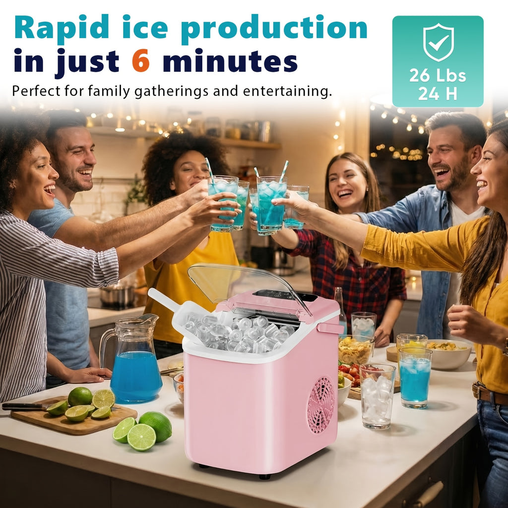 White Bullet Ice Maker with Carry Handle, Self-Cleaning Function, Ice Scoop and Basket, Listed Nine-Cube Six-Minute Cycle for Kitchen, Office and Party Drinks
