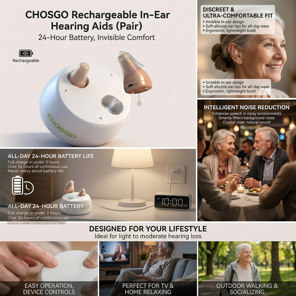 CIC Rechargeable Hearing Aids, Listed One-Pair In-Ear Devices with Adjustable Volume and Noise Reduction in Beige, RedBlue or Black Color Options for Adults