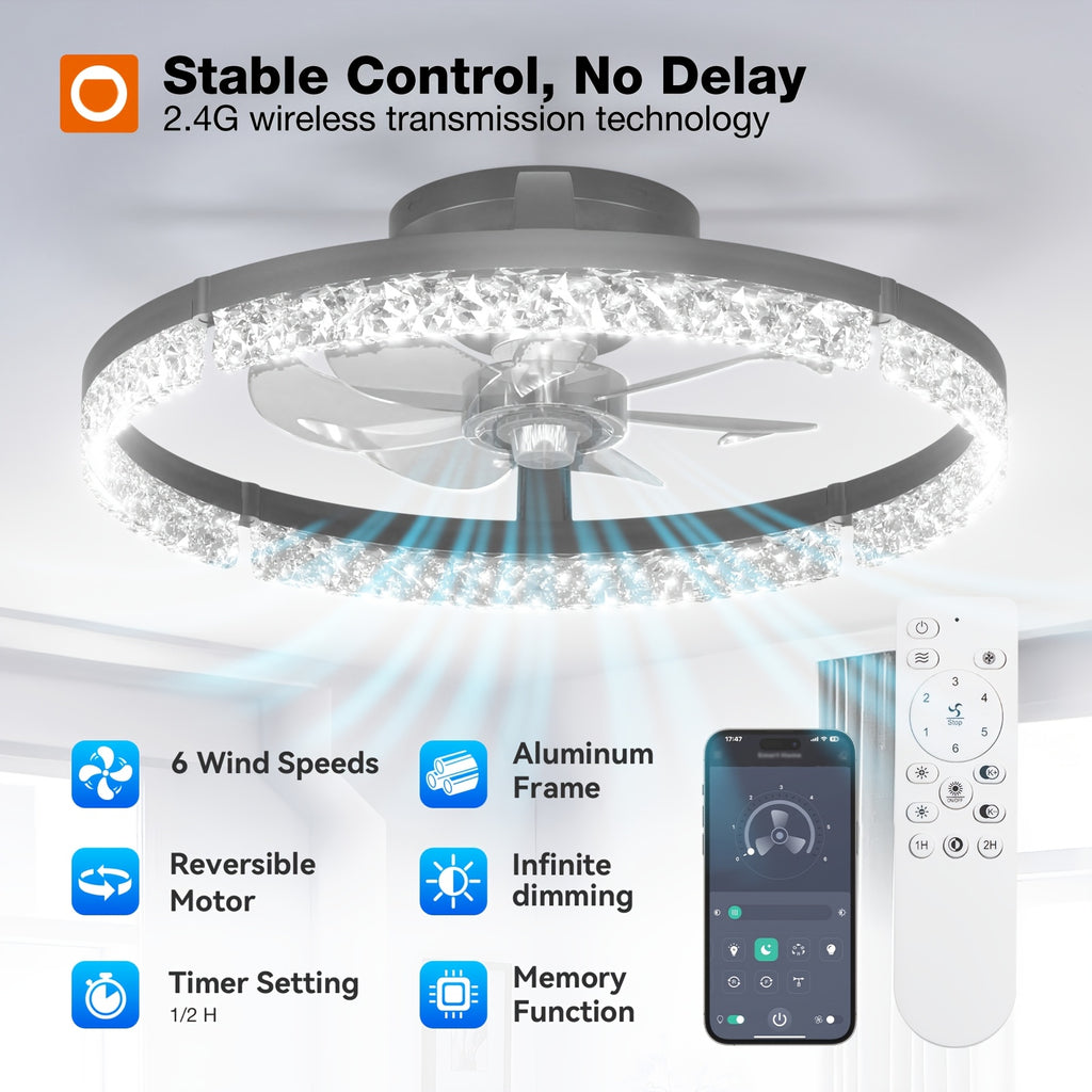 Black Flush Mount Ceiling Fan with LED Light and Remote, Listed 20-Inch Low-Profile Fandelier with Stepless Dimming and 3000K–6000K Lighting for Indoor Rooms