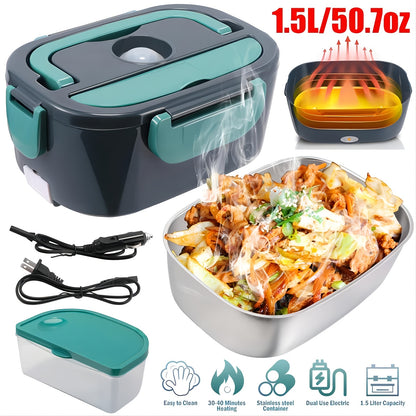 Electric Heated Lunch Box, 3-in-1 Portable Food Warmer with 304 Stainless Steel Container, 12V/24V Vehicle and 120V Home Power, Blue for Work and Travel