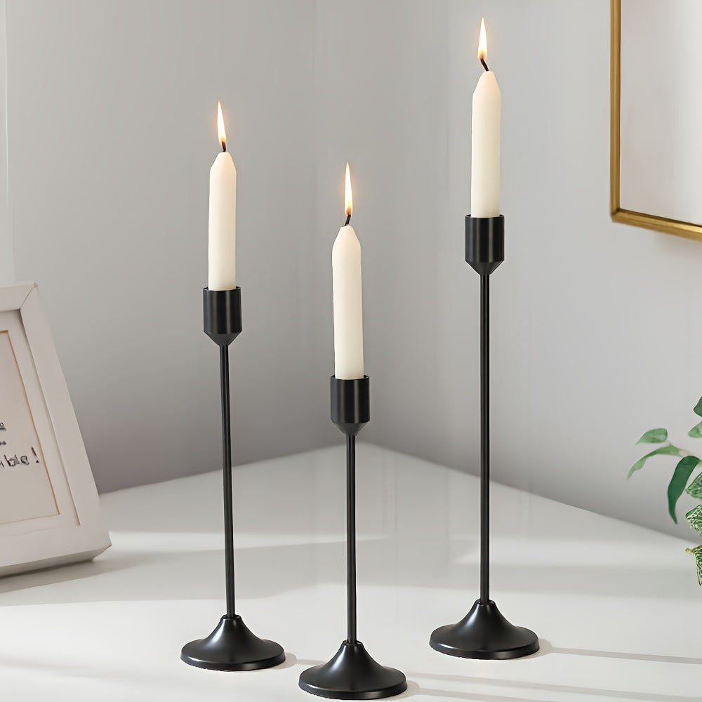Metal Candle Holders Three-Piece Set for Wedding Centerpieces, Anniversary Dinner Tables and Seasonal Decor with Golden-Tone, French Golden, Silvery or Black Labels