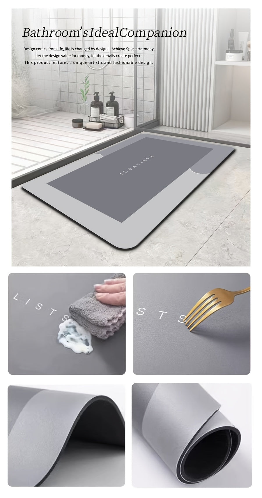 Soft Diatomaceous Earth Bath Mat, Absorbent Quick-Drying Bathroom Floor Mat in Dark Gray, Blue, Light Gray or Pink with Four Size Options for Home Use