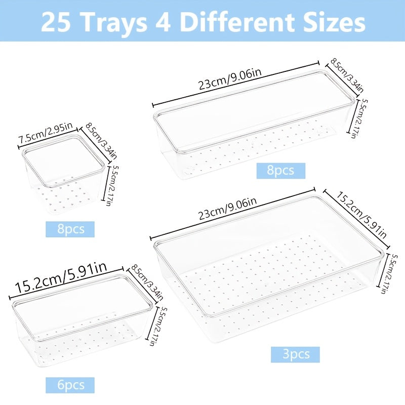 Transparent PET Drawer Organizer Set with 44-Piece, 58-Piece, 23-Piece or 11 Plus 2 Options for Desktop, Vanity, Bathroom and Bedroom Small-Item Storage