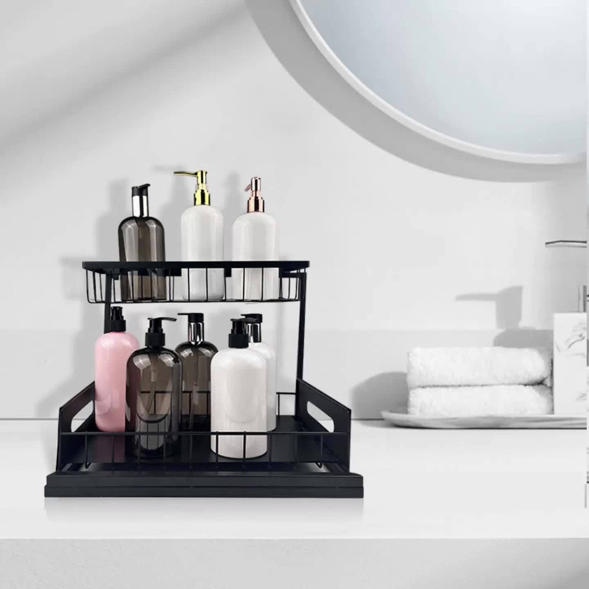 Under Sink Organizer in Black with 2-Tier Slide-Out Storage, Pull-Out Cabinet Shelf for Kitchen and Bathroom Essentials, Single or Two-Pack Options