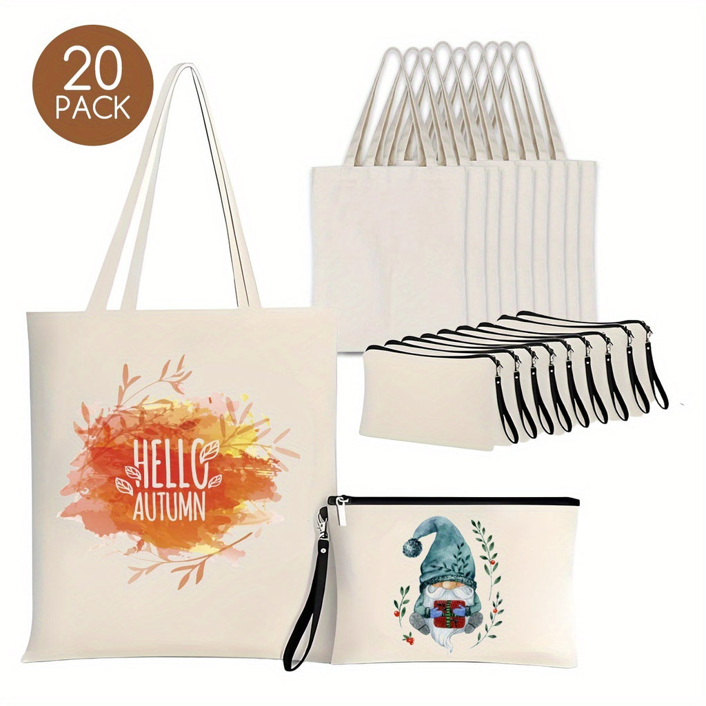 Sublimation Blank Tote Bags 20-Pack, Reusable Canvas Shopping Bag Supplies for DIY Heat Transfer Designs, Promotional Projects and Handmade Holiday Gifts