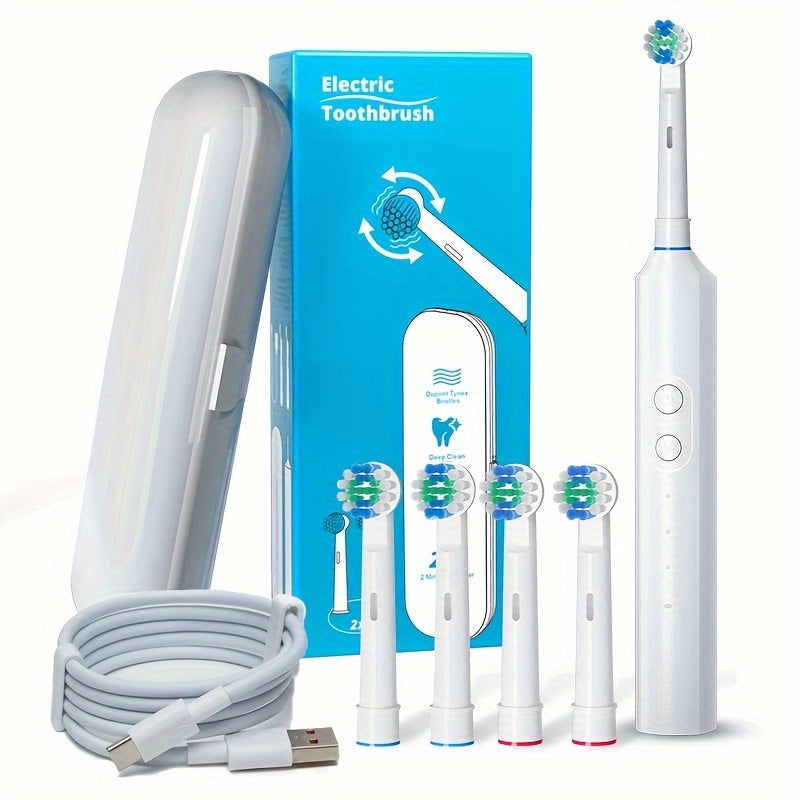 Orinatola Rotating Electric Toothbrush for Adults with Four Brush Heads, Travel Case, Three Modes and Two-Minute Timer, USB Charging in Black or White