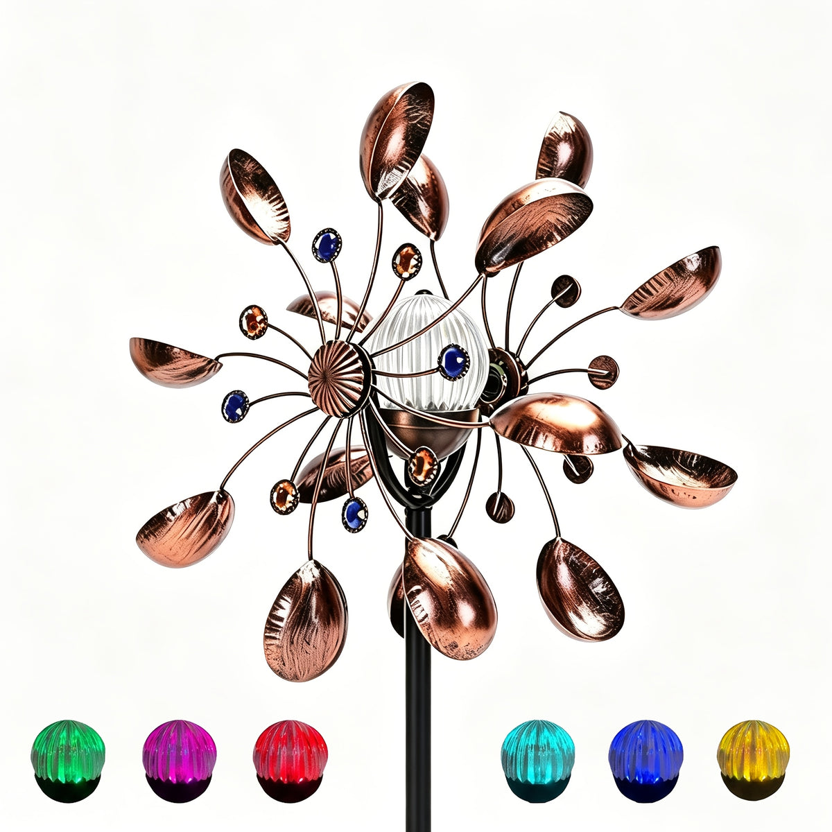 Garden Wind Spinner with Solar Multicolor LED Light, Metal Pinwheel Yard Decor with Listed 72-Inch Size and Red, Bronze, Blue or Butterfly Design Options