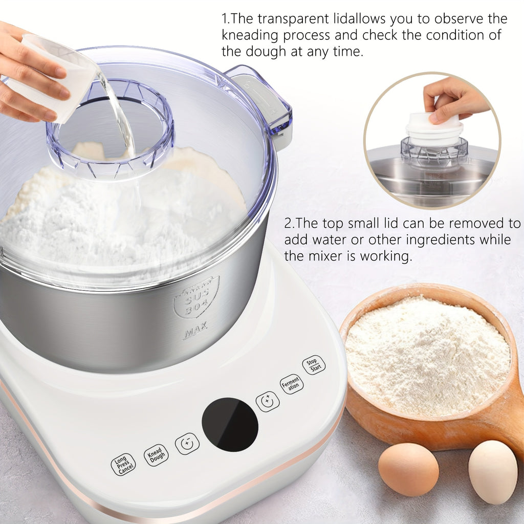 Timed Dough Mixing and Fermentation Machine in White with Listed 250W Motor, 304 Stainless Steel Bowl and Three Modes for Bread, Pizza and Home Dough Prep