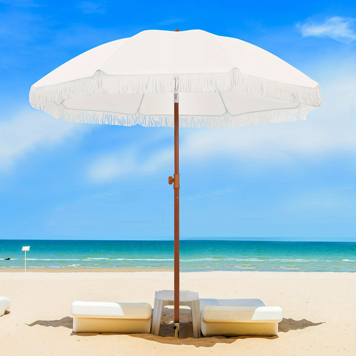 Eight-Rib Patio Umbrella with Push-Button Tilt Adjustment for Outdoor Garden and Courtyard Seating, Beige, Blue Pinstripe and White Style Selections