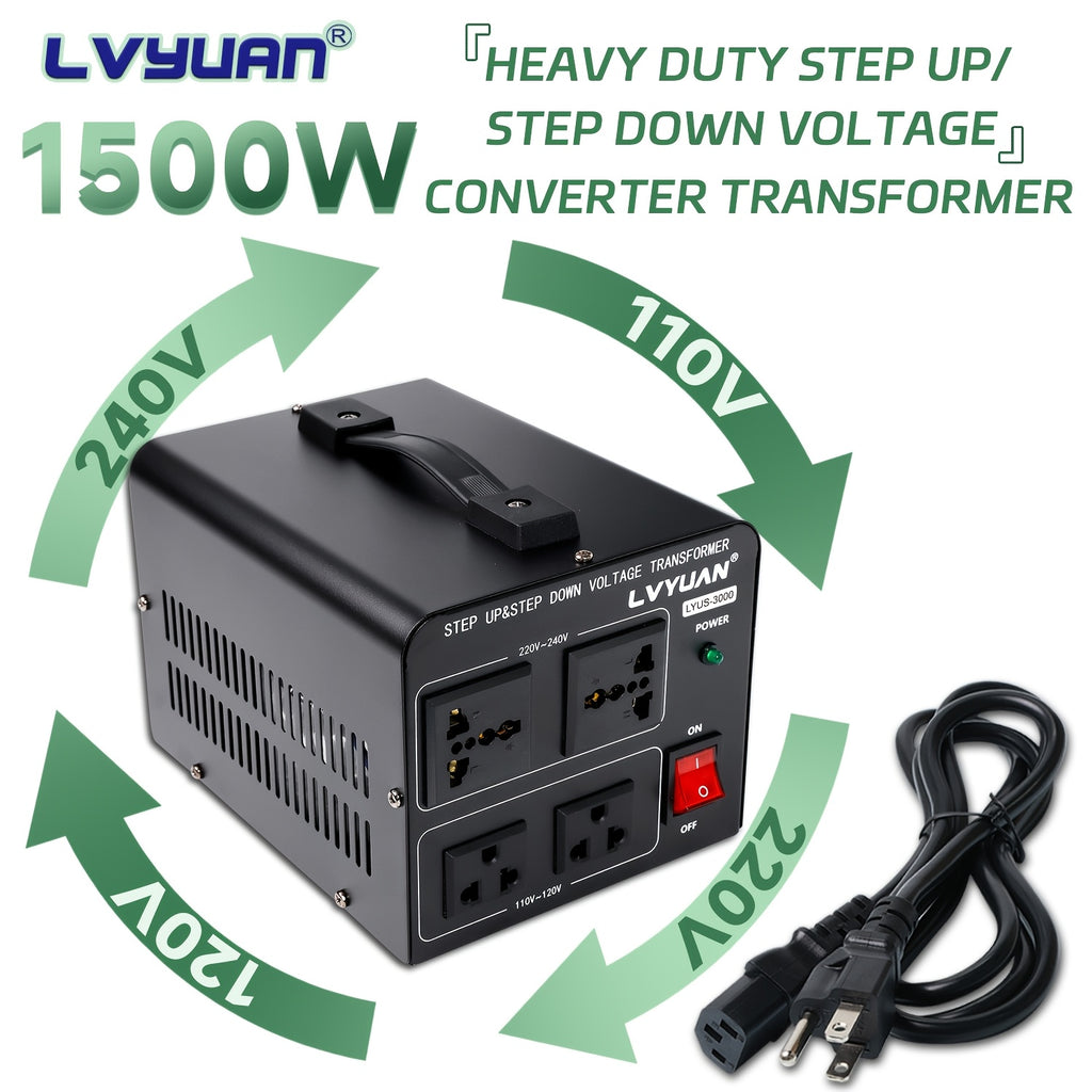 Step Up Down Voltage Converter by LVYUAN, 110V–120V to 220V–240V Transformer with Two US Outlets, Two Universal Outlets and Resettable Circuit Breaker