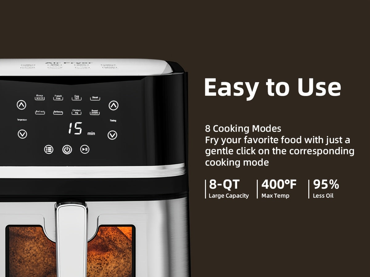8Qt Digital Air Fryer, Stainless Steel 8-in-1 Cooker with Viewing Window, Touchscreen and 180-400°F Temperature, Dishwasher-Safe Non-Stick Basket, Large Family Size for Indoor Cooking, Black