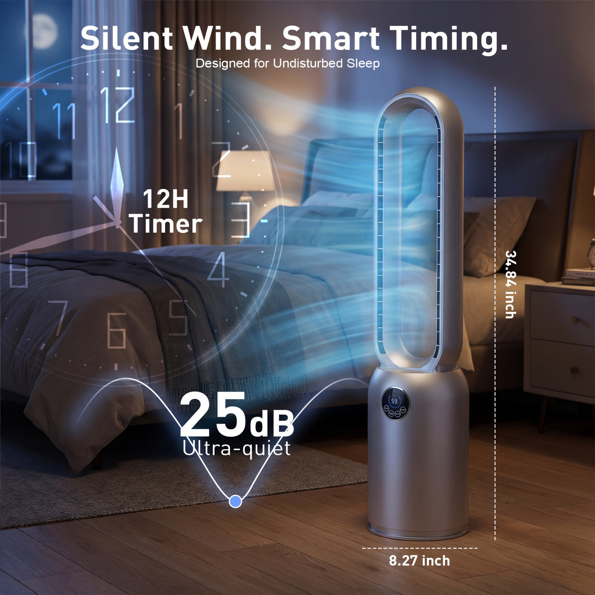 36-Inch Bladeless Tower Fan with Remote, 24 Speeds, 90-Degree Oscillation and 12-Hour Timer, Touch LED Display for Bedroom, Living Room and Office Airflow