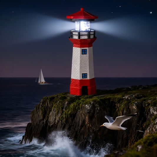 Rotating LED Solar Lighthouse with Built-In Solar Panel and Automatic Night Lighting Wording, Upgraded Model Label for Nautical Garden and Patio Decoration