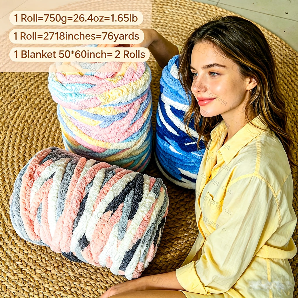 Chunky Chenille Yarn for Arm Knitting and Crochet, 750g Polyester Bulky Yarn with Ombre and Solid Style Options for DIY Blankets, Cushions and Handmade Gifts