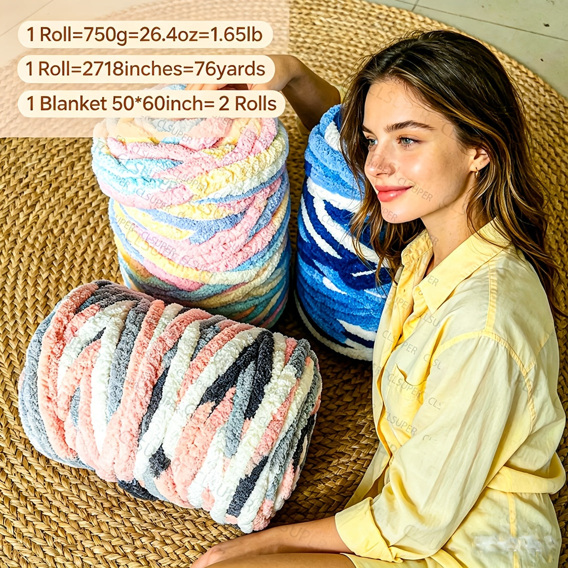 Chunky Chenille Yarn for Arm Knitting and Crochet, 750g Polyester Bulky Yarn with Ombre and Solid Style Options for DIY Blankets, Cushions and Handmade Gifts
