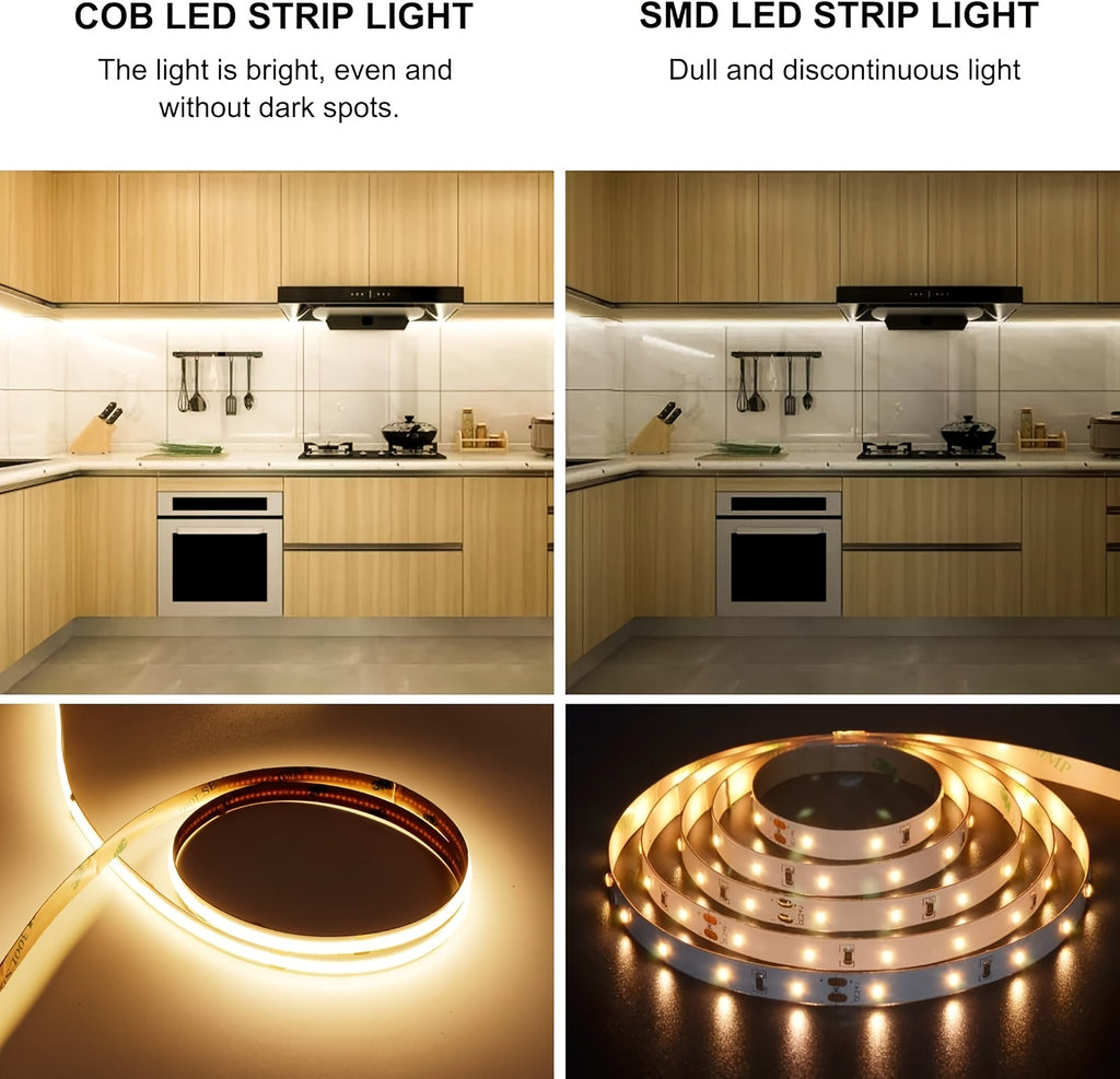 COB LED Strip Lights with Knob Dimmer, 32.8ft 24V Flexible Light Tape in White or Warm White, 8mm Width and CRI92+ for Cabinets, Shelves and Bedroom Accents