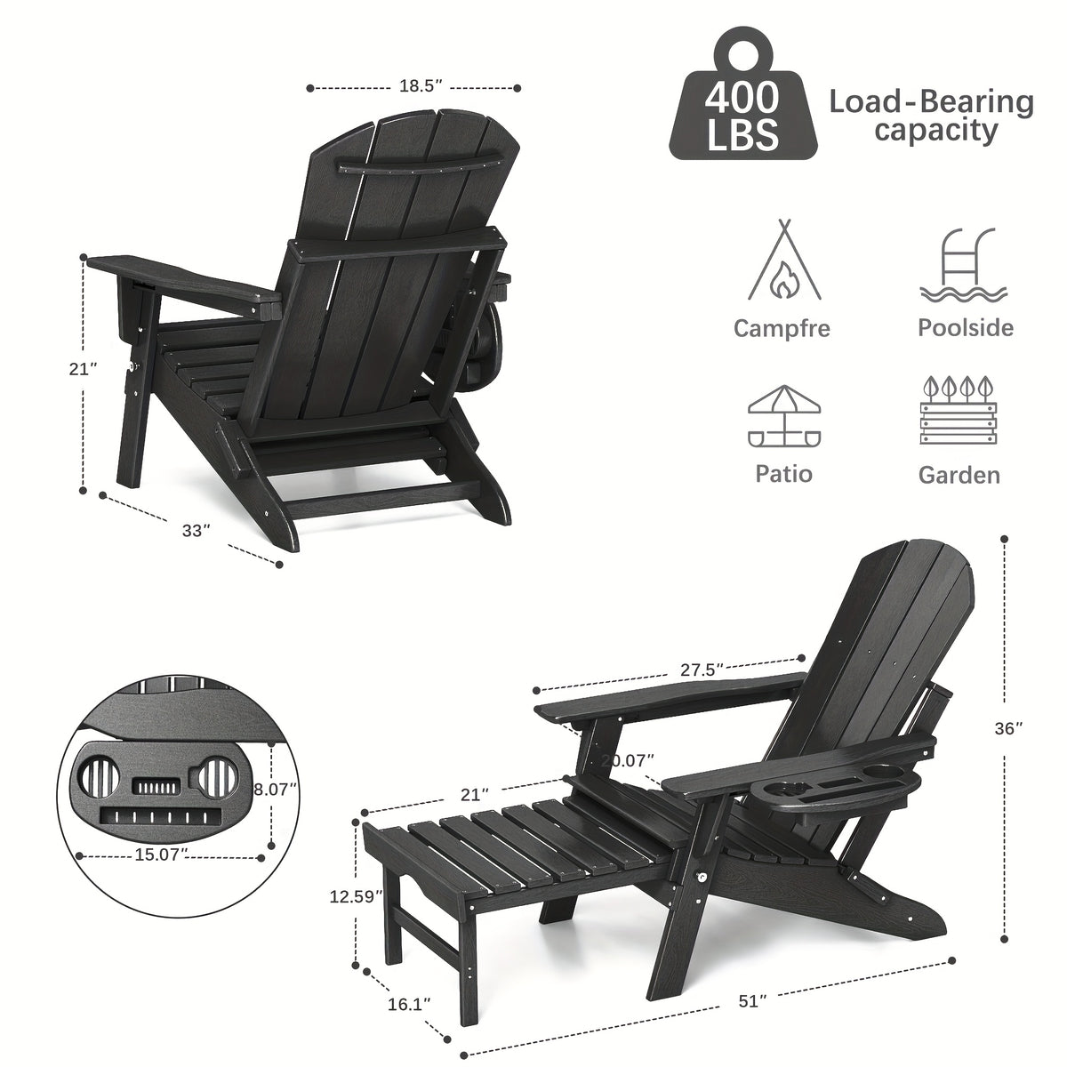 Adjustable Adirondack Chair by FOOWIN in HDPE for Patio, Lawn and Garden Seating, Single or Two-Chair Options with Selected Footrest-Free Configurations