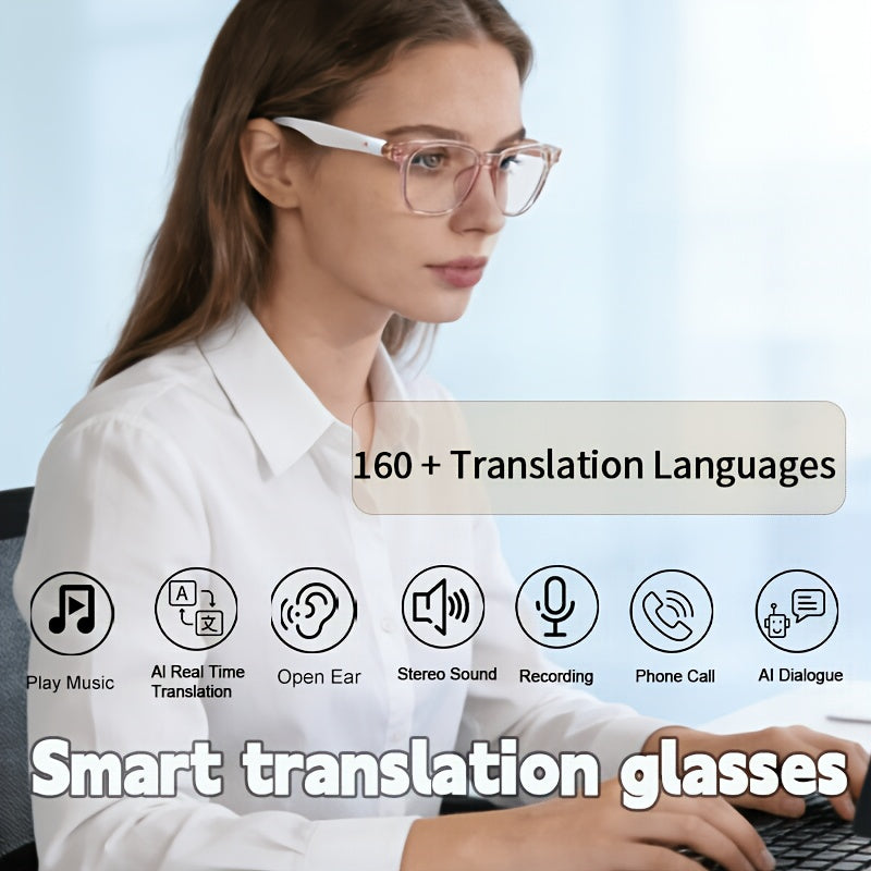164-Language Smart Translation Glasses with Music Playback, Phone Calls and AI Voice Assistant, Unisex Audio Eyewear for Travel and Everyday Conversations