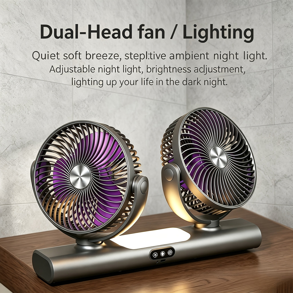 Grey Dual-Head Desktop Fan with Listed USB Charging, Three-Speed Adjustment, Multi-Angle Airflow and Ambient Night Light for Home, Office and Camping Use