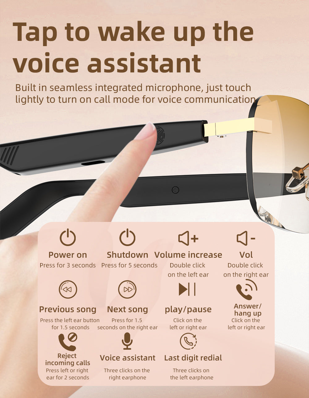 Touch-Control Wireless Audio Glasses with Listed Built-In Microphone, Music Playback and Hands-Free Calls in Gradient Blue, Gradient Purple or Brown-1